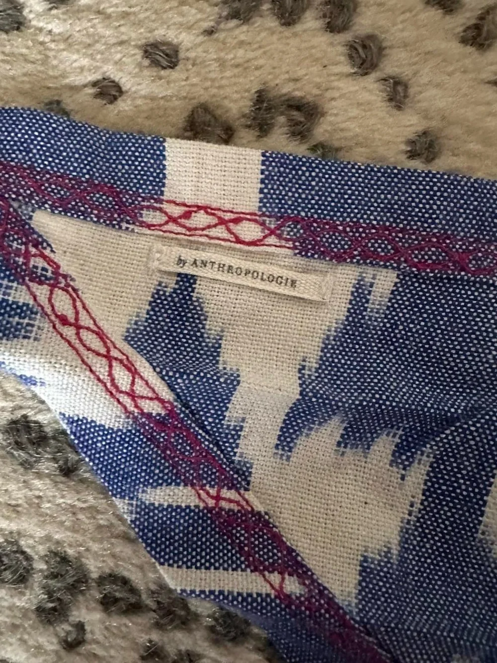 Anthropologie Blue and White Geometric Scarf with Pink Accent